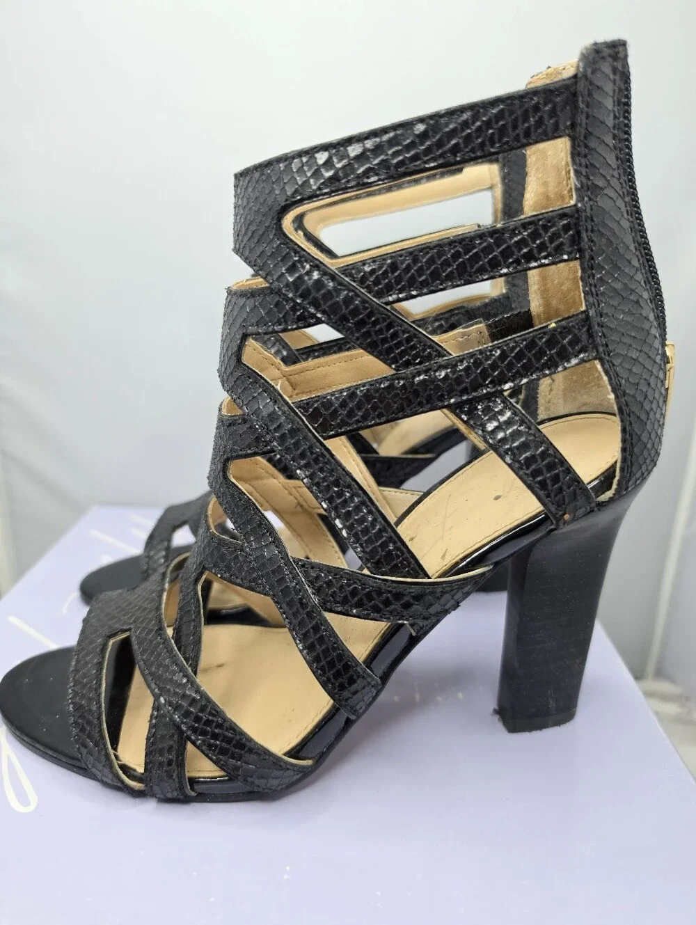Marc Fisher faux snakeskin caged heels 7.5